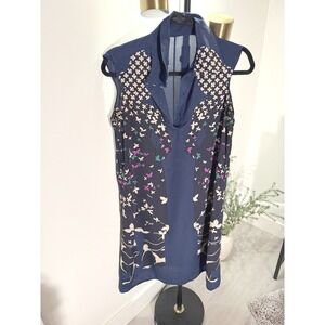 yves st. laurent dress knee length bird floral blue 100% silk designer daywear s